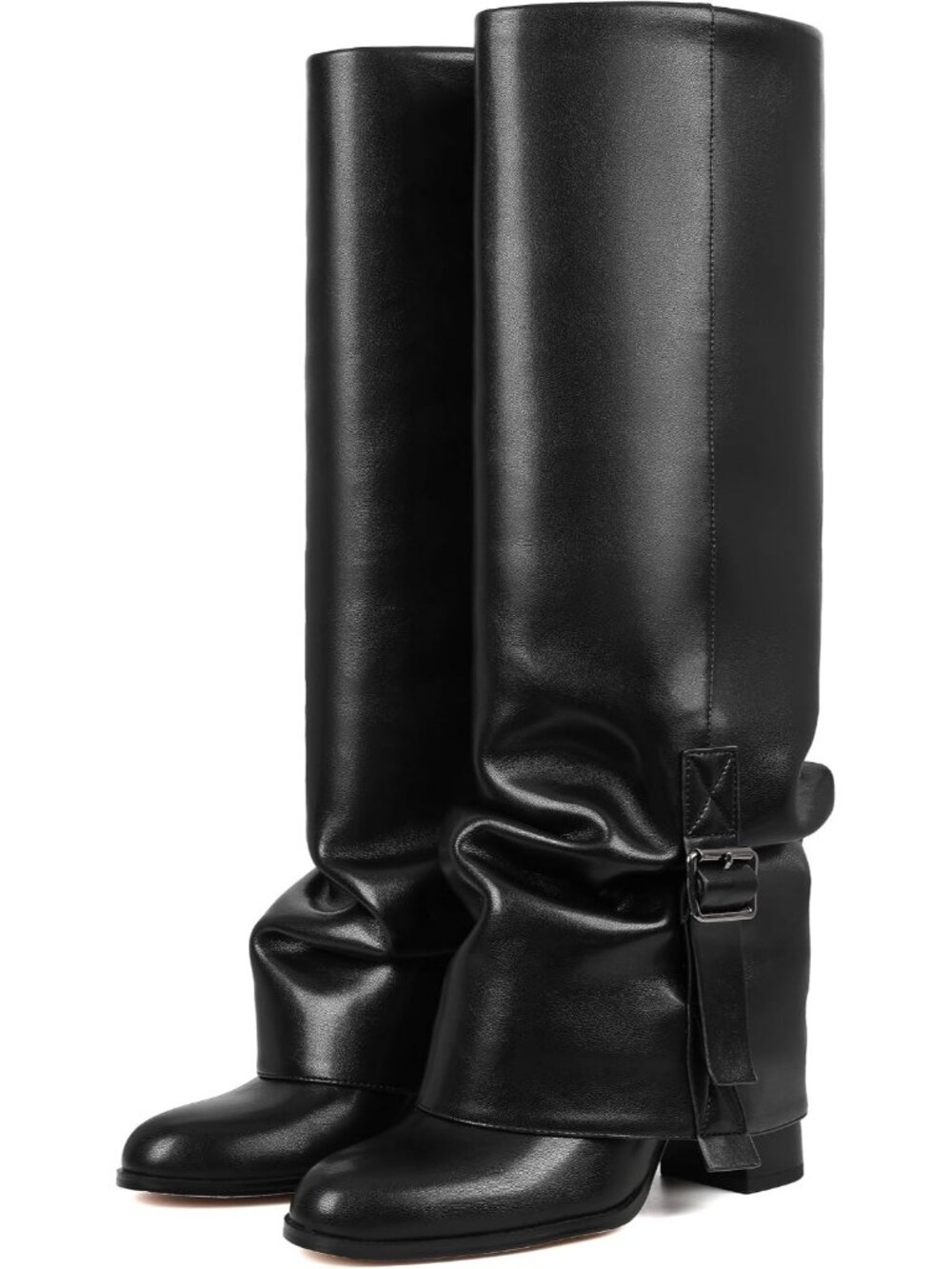 Women's Black Fold Over Half-Zipper Knee High Boots Buckle Slouchy Shark Boots